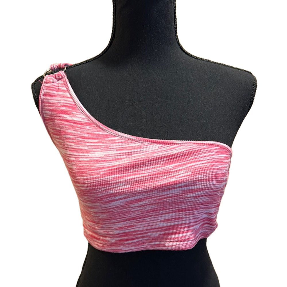 STREETWEAR SOCIETY PINK WHITE ONE SHOULDER CROPPED TOP WITH SILVER RING DETAIL